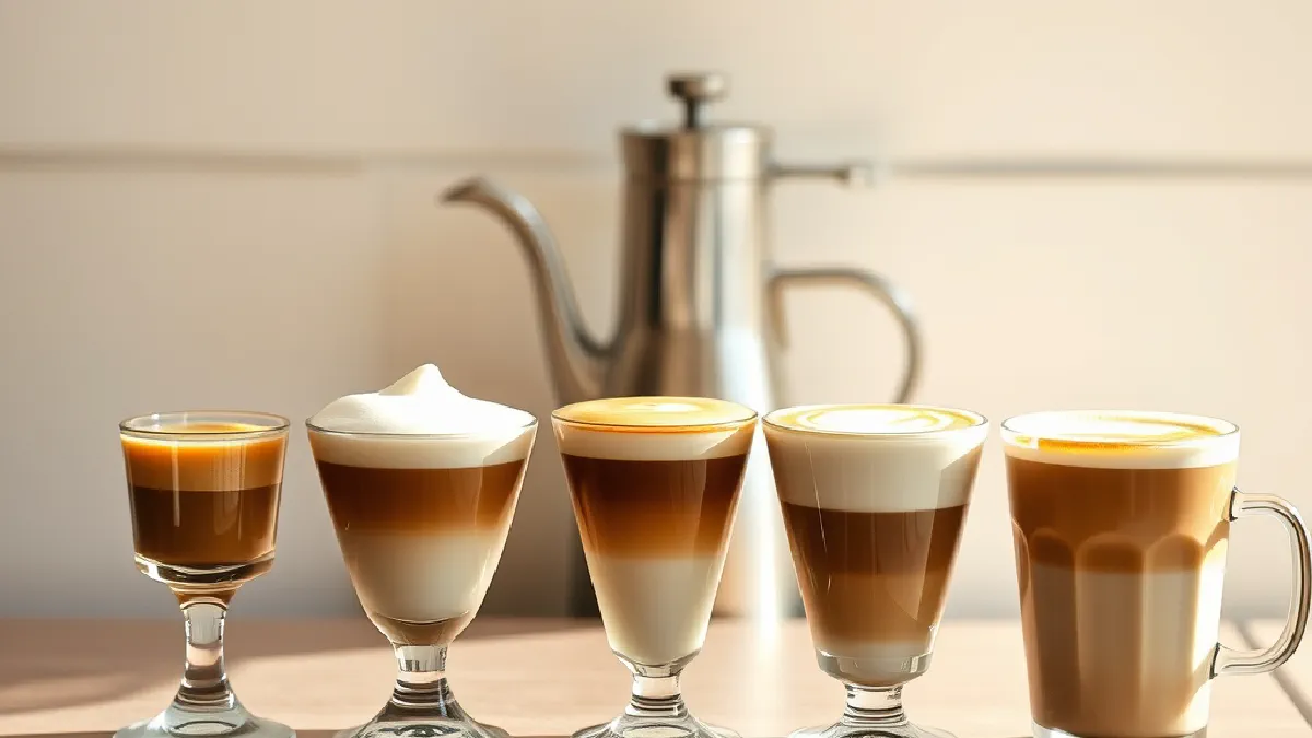 Six espresso drinks side by side on a café counter, from a small macchiato to a tall latte