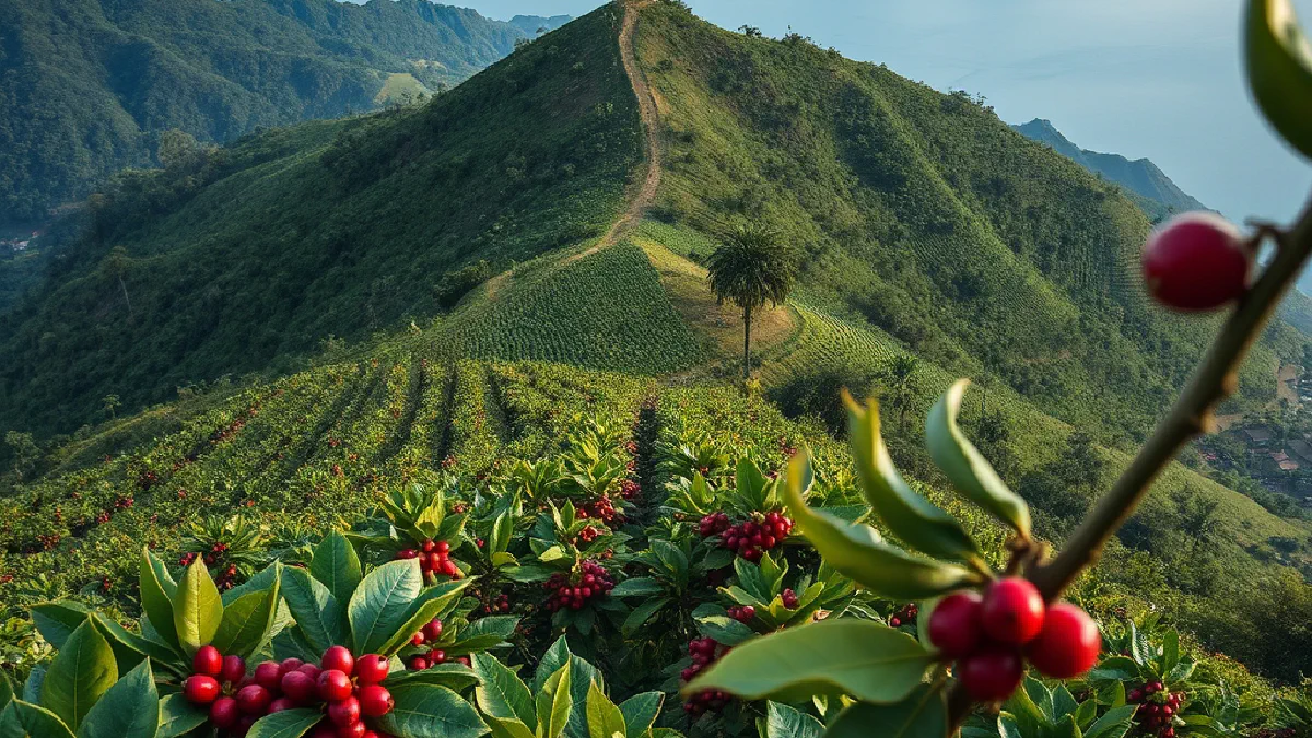 Hillside coffee farm in Rwanda with rows of coffee trees running down a steep green slope toward a lake